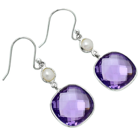 Premium Amethyst Checker Briolette & Pearl Earrings E-1002 11-EE10087