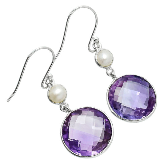 Premium Amethyst Checker Briolette & Pearl Earrings E-1002 11-EE10091