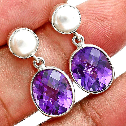 Premium Quality Amethyst Checker & Pearl Necklace Earrings Set N-1026 11-EG10001