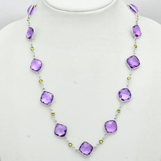 Premium Quality Amethyst Checker Briolette & Peridot Necklace N-1024 11-EN10012