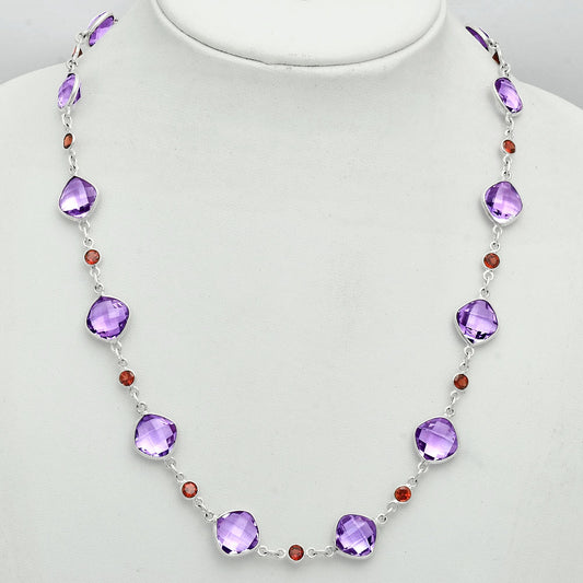 Premium Quality Amethyst Checker Briolette & Garnet Necklace N-1024 11-EN10013