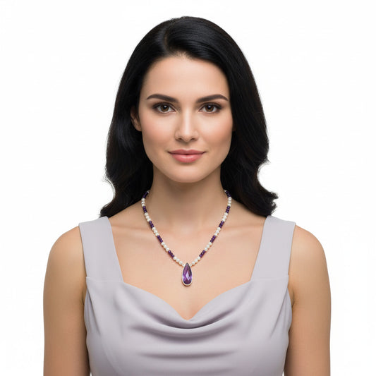 Premium Quality Amethyst Briolette & Pearl Beaded Necklace N-1027 11-EN10018