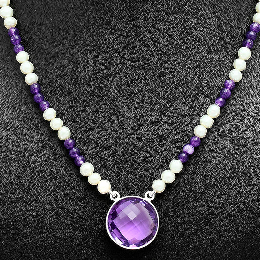 Premium Quality Amethyst Briolette & Pearl Beaded Necklace N-1027 11-EN10019