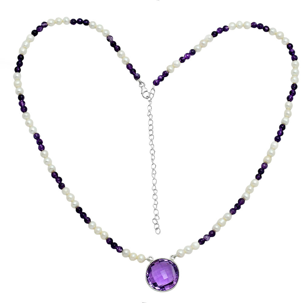 Premium Quality Amethyst Briolette & Pearl Beaded Necklace N-1027 11-EN10019