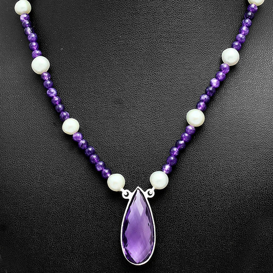 Premium Quality Amethyst Briolette & Pearl Beaded Necklace N-1027 11-EN10020