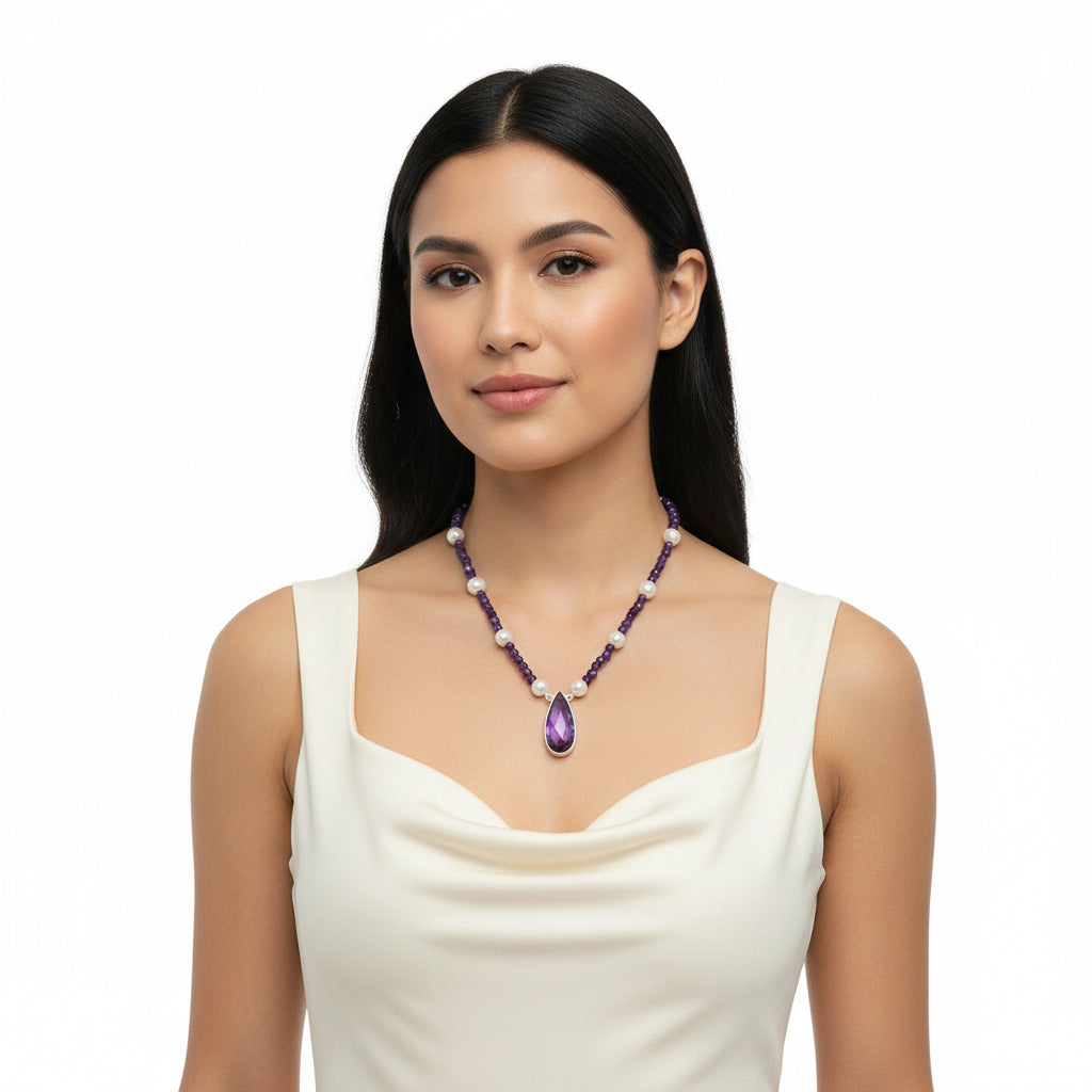 Premium Quality Amethyst Briolette & Pearl Beaded Necklace N-1027 11-EN10020