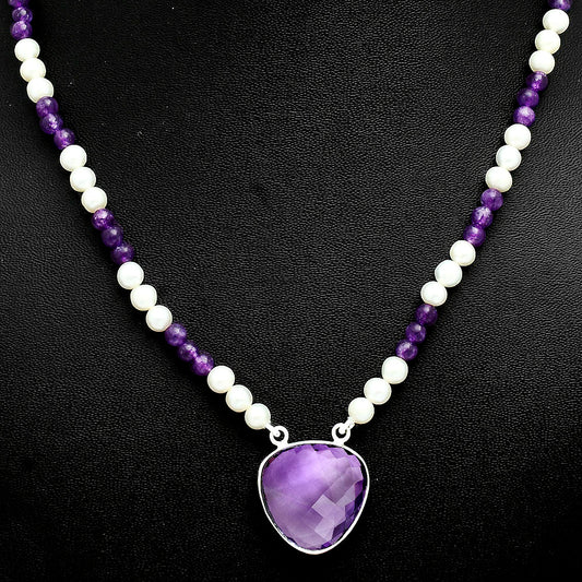 Premium Quality Amethyst Briolette & Pearl Beaded Necklace N-1027 11-EN10024