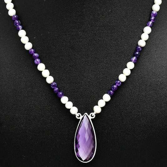 Premium Quality Amethyst Briolette & Pearl Beaded Necklace N-1027 11-EN10027