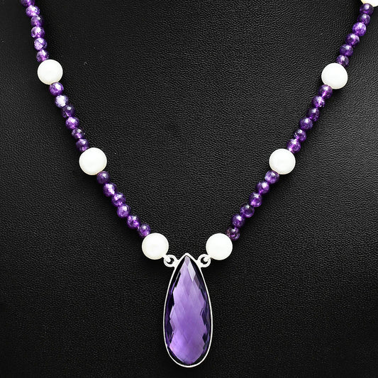 Premium Quality Amethyst Briolette & Pearl Beaded Necklace N-1027 11-EN10028