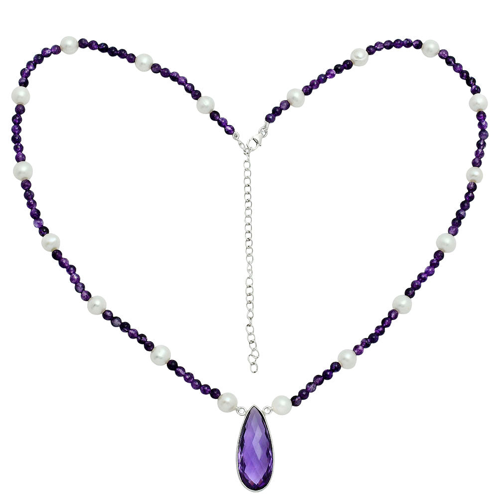 Premium Quality Amethyst Briolette & Pearl Beaded Necklace N-1027 11-EN10028