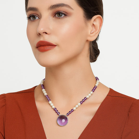 Premium Quality Amethyst Cab - Brazil & Pearl Beaded Necklace N-1027 11-EN10029