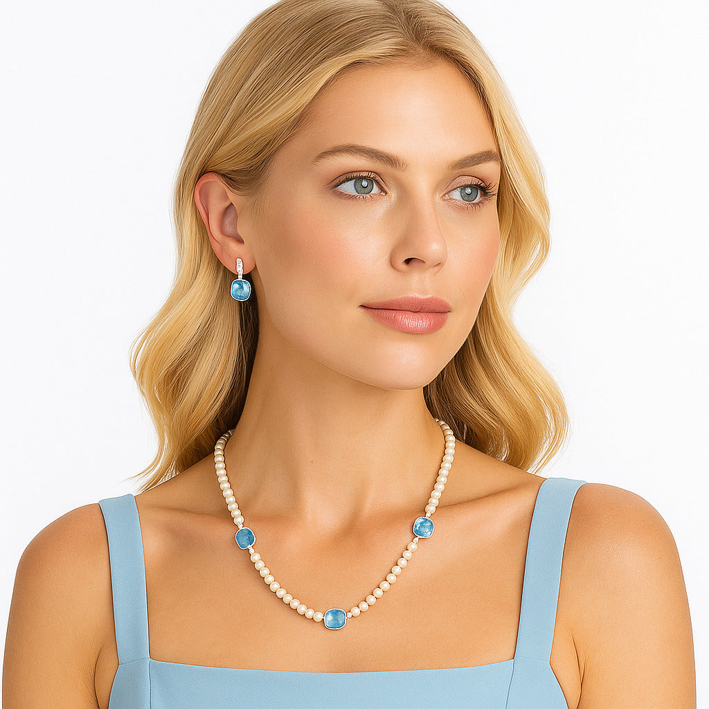 Premium Sky Blue Topaz Briolette & Pearl Beaded Necklace N-1028 13-EN10042