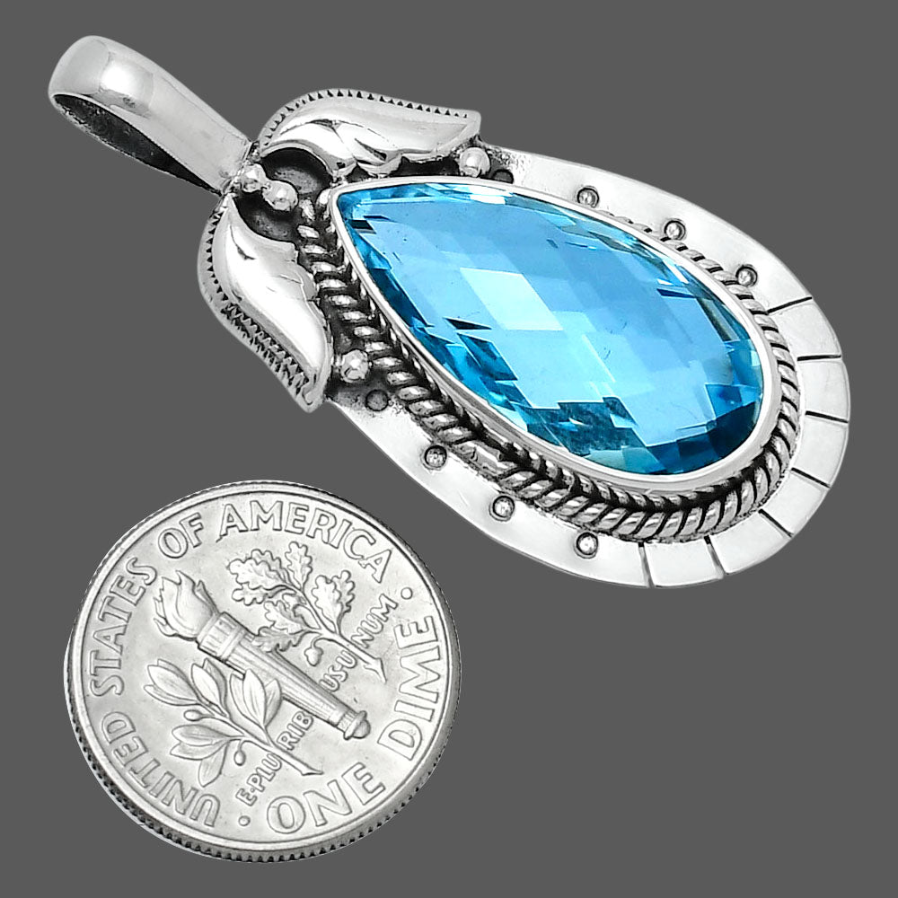 Premium Quality Sky Blue Topaz Checker Briolette Pendant P-1568 13-EP10062