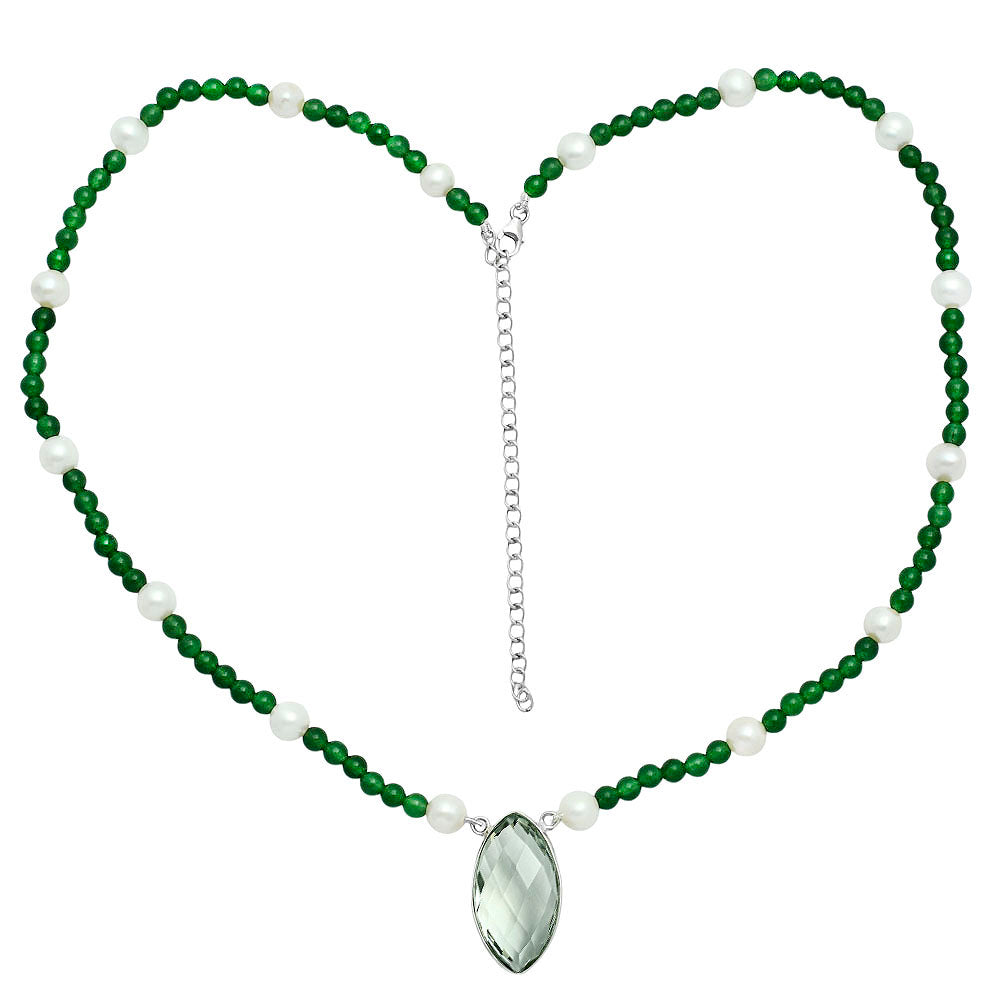 Prasiolite Briolette, Nephrite Jade & Pearl Beaded Necklace N-1027 16-EN10045