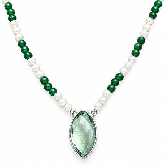 Prasiolite Briolette, Nephrite Jade & Pearl Beaded Necklace N-1027 16-EN10046