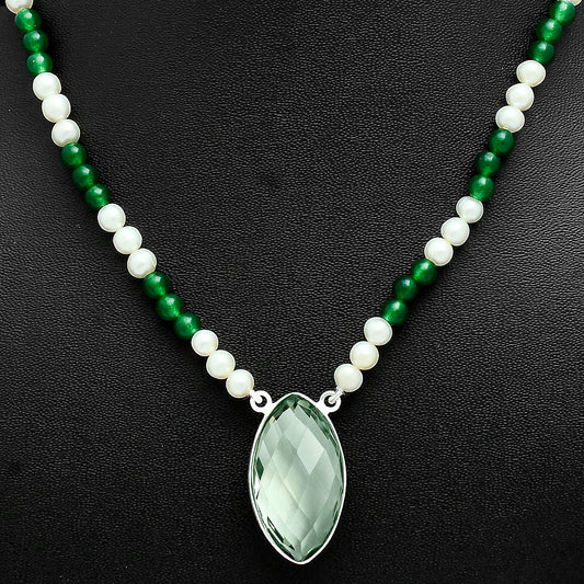 Prasiolite Briolette, Nephrite Jade & Pearl Beaded Necklace N-1027 16-EN10046