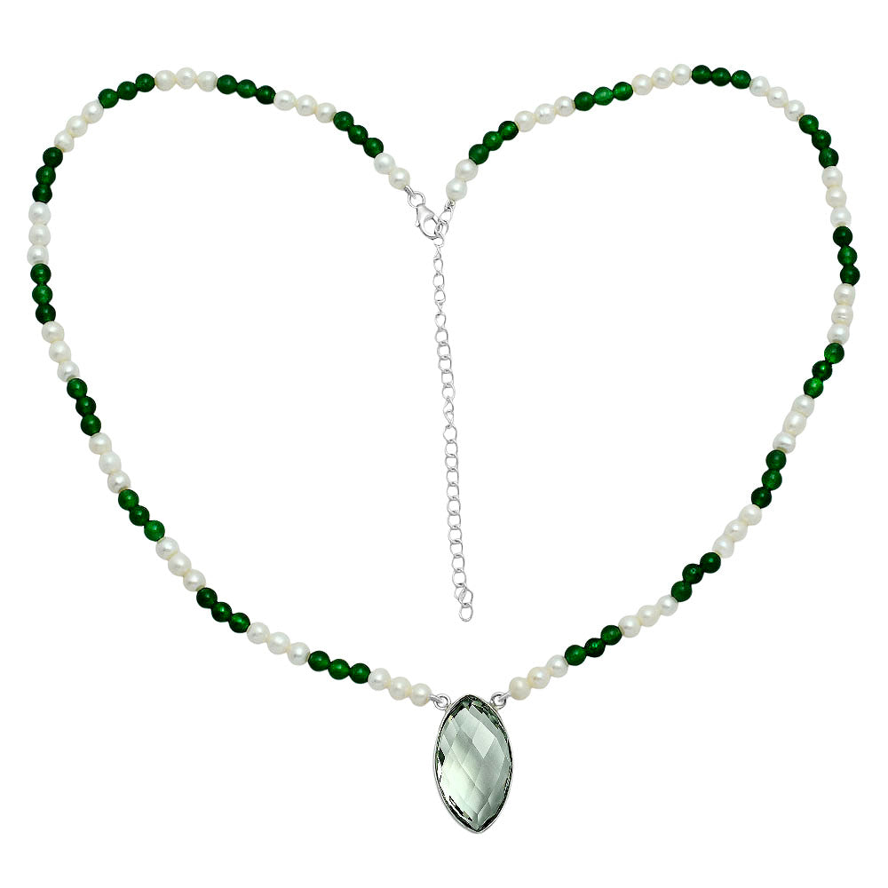 Prasiolite Briolette, Nephrite Jade & Pearl Beaded Necklace N-1027 16-EN10046
