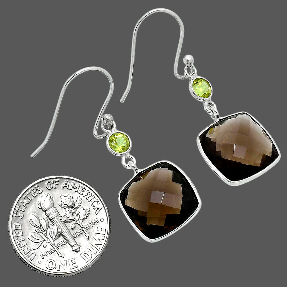 Premium Smoky Quartz Checker Briolette & Peridot Earrings E-1006 17-EE10201