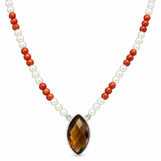 Premium Smoky Quartz Briolette, Coral & Pearl Beaded Necklace N-1027 17-EN10052