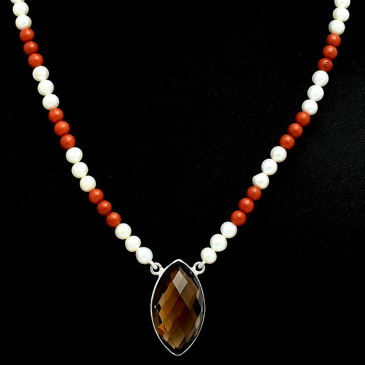 Premium Smoky Quartz Briolette, Coral & Pearl Beaded Necklace N-1027 17-EN10052