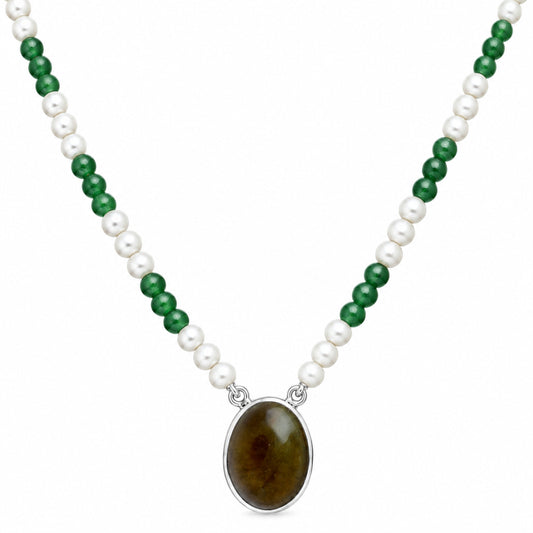 Premium Smoky Quartz Cab, Nephrite Jade, Pearl Beaded Necklace N-1027 17-EN10053