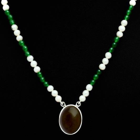 Premium Smoky Quartz Cab, Nephrite Jade, Pearl Beaded Necklace N-1027 17-EN10053