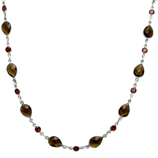 Premium Smoky Quartz Checker Briolette & Garnet Necklace N-1024 17-EN10054