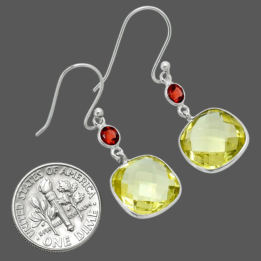 Premium Lemon Quartz Checker Briolette & Garnet Earrings E-1002 19-EE10222