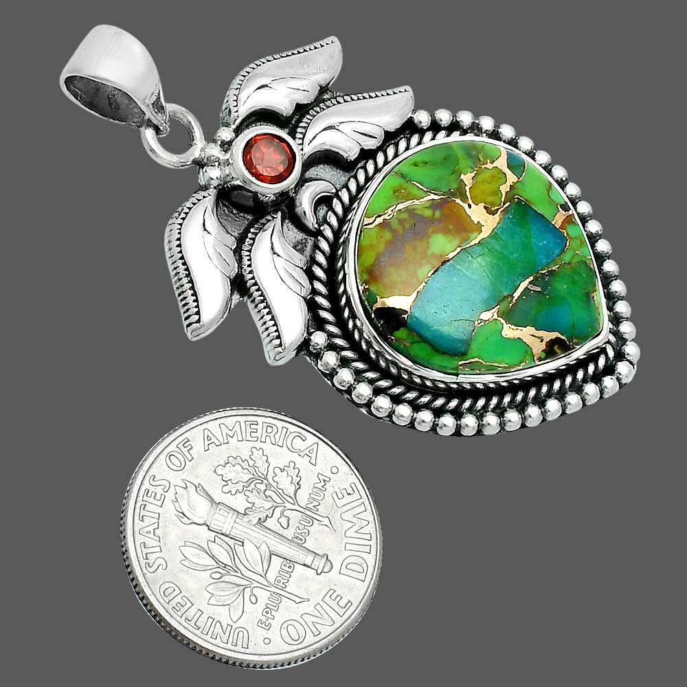 Premium Blue Turquoise In Green Mohave - USA & Garnet Pendant P-1740 29-EP10145