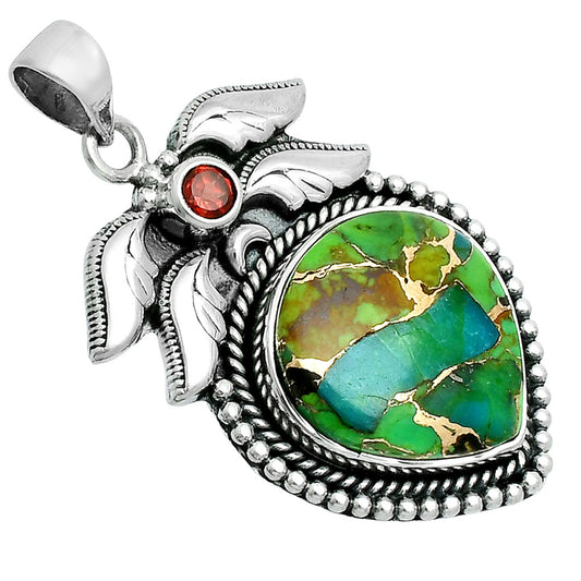 Premium Blue Turquoise In Green Mohave - USA & Garnet Pendant P-1740 29-EP10145