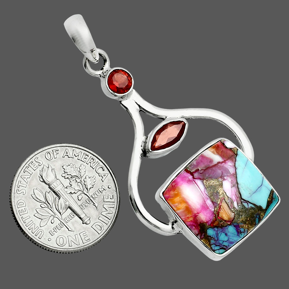 Premium Kingman Orange Dahlia Turquoise & Garnet Pendant P-1187 30-EP10163