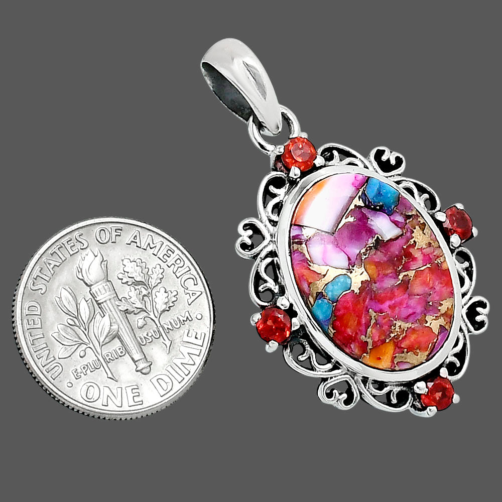 Premium Kingman Orange Dahlia Turquoise & Garnet Pendant P-1743 30-EP10167