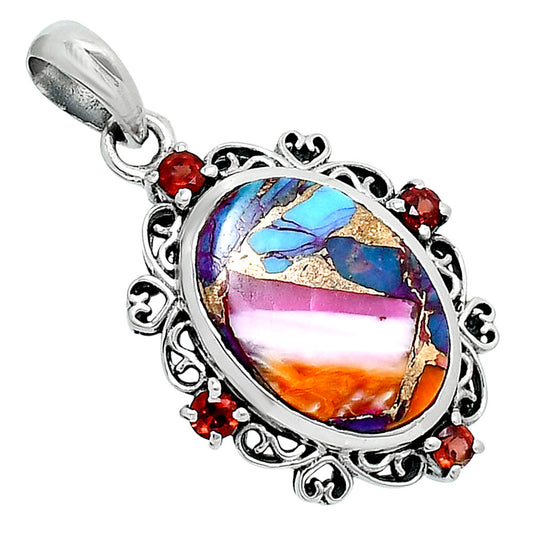 Premium Kingman Orange Dahlia Turquoise & Garnet Pendant P-1743 30-EP10169