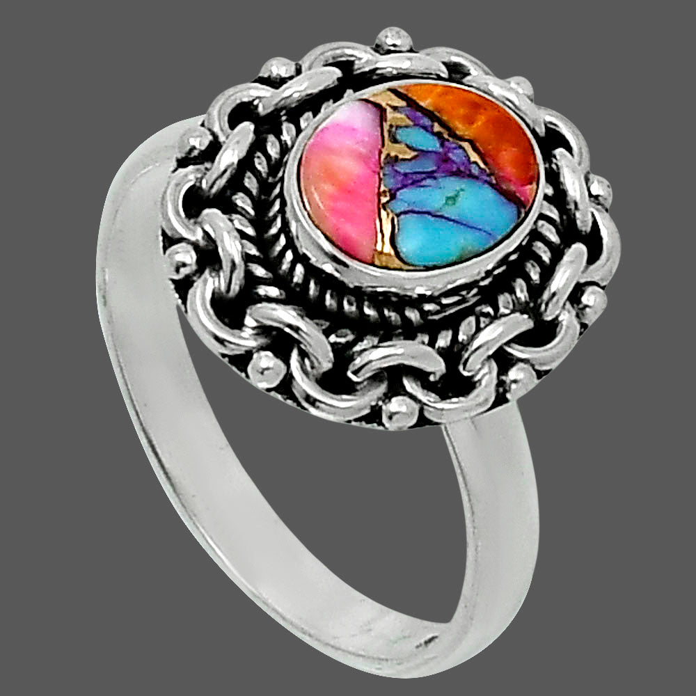 Premium Kingman Orange Dahlia Turquoise Ring size-9 R-1667 30-ER11717