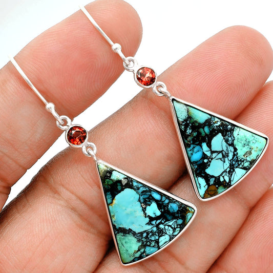 Lucky Charm Tibetan Turquoise & Garnet Pendant Earrings Set T-1010 33-ET10093