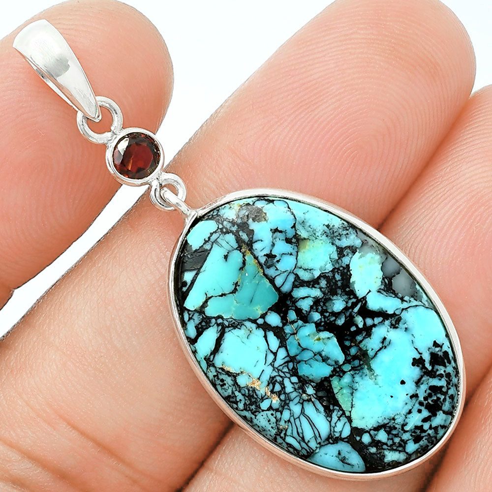 Lucky Charm Tibetan Turquoise & Garnet Pendant Earrings Set T-1010 33-ET10095