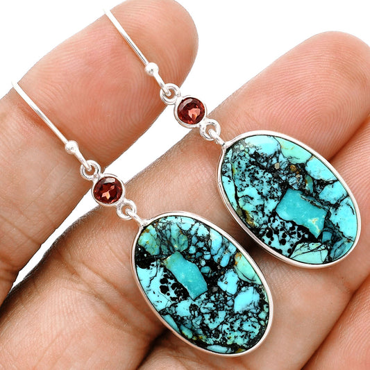 Lucky Charm Tibetan Turquoise & Garnet Pendant Earrings Set T-1010 33-ET10095