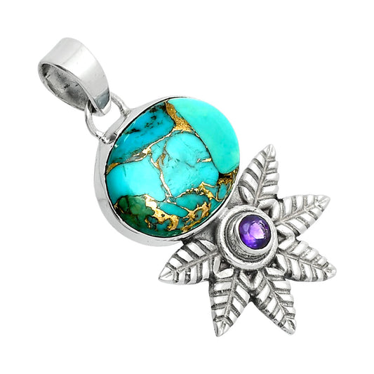 Premium Kingman Copper Teal Turquoise & Amethyst Pendant P-1425 34-EP10252