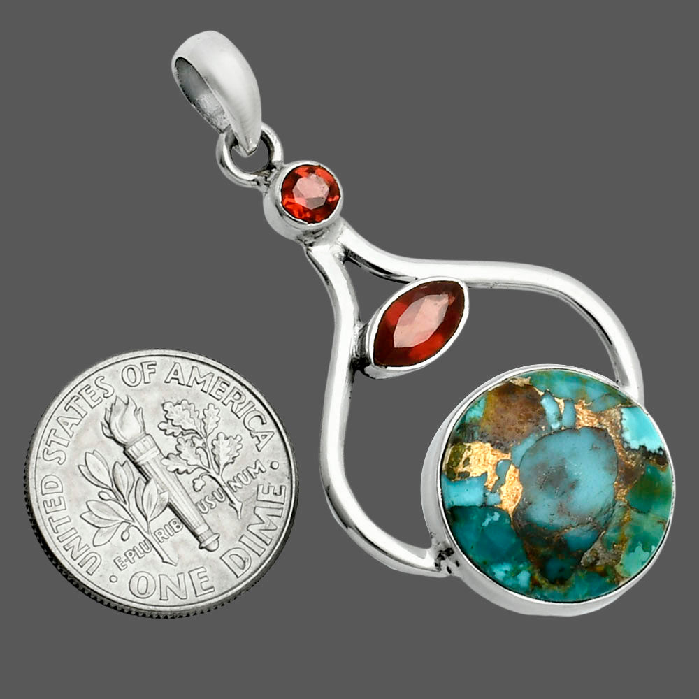 Premium Kingman Copper Teal Turquoise & Garnet Pendant P-1187 34-EP10256