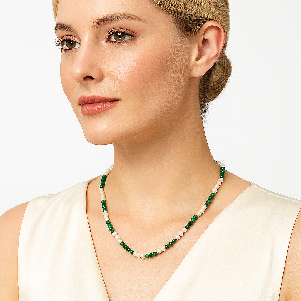 Premium Quality Pearl & Nephrite Jade Beaded Necklace N-1025 43-EN10138