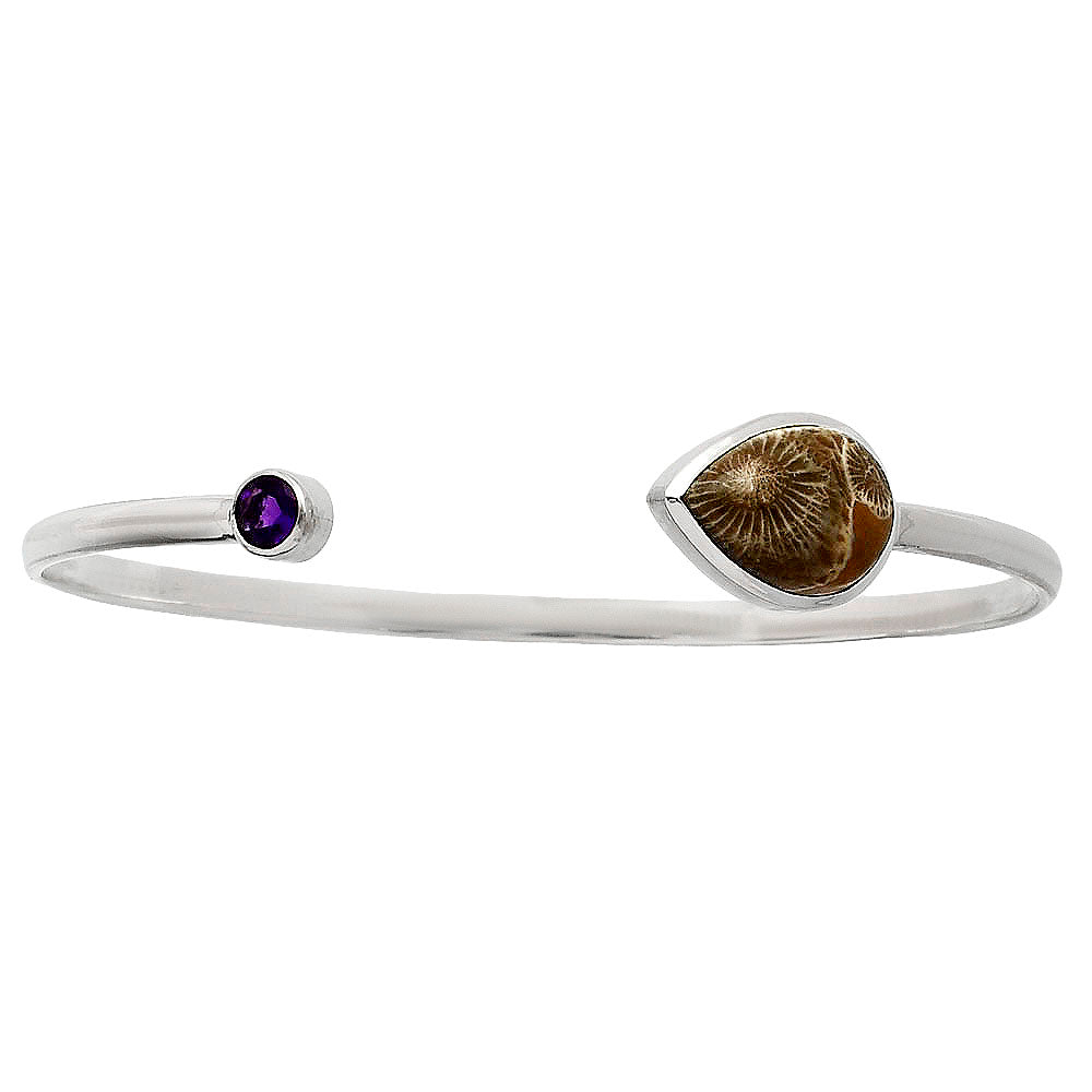 Premium Flower Fossil Coral & Amethyst Cuff Bangle Bracelet B-1004 52-EB10544