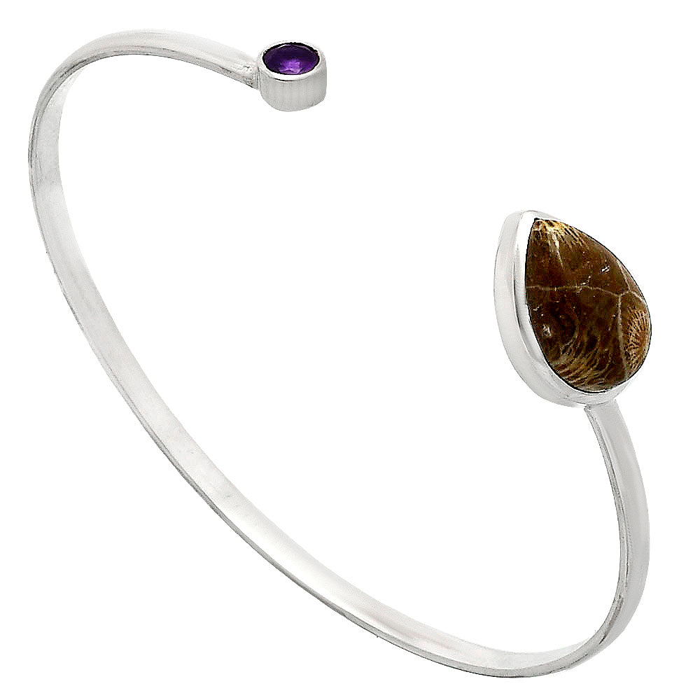 Premium Flower Fossil Coral & Amethyst Cuff Bangle Bracelet B-1004 52-EB10545