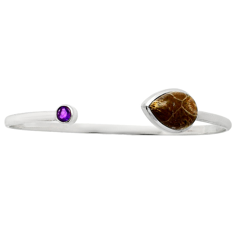 Premium Flower Fossil Coral & Amethyst Cuff Bangle Bracelet B-1004 52-EB10545