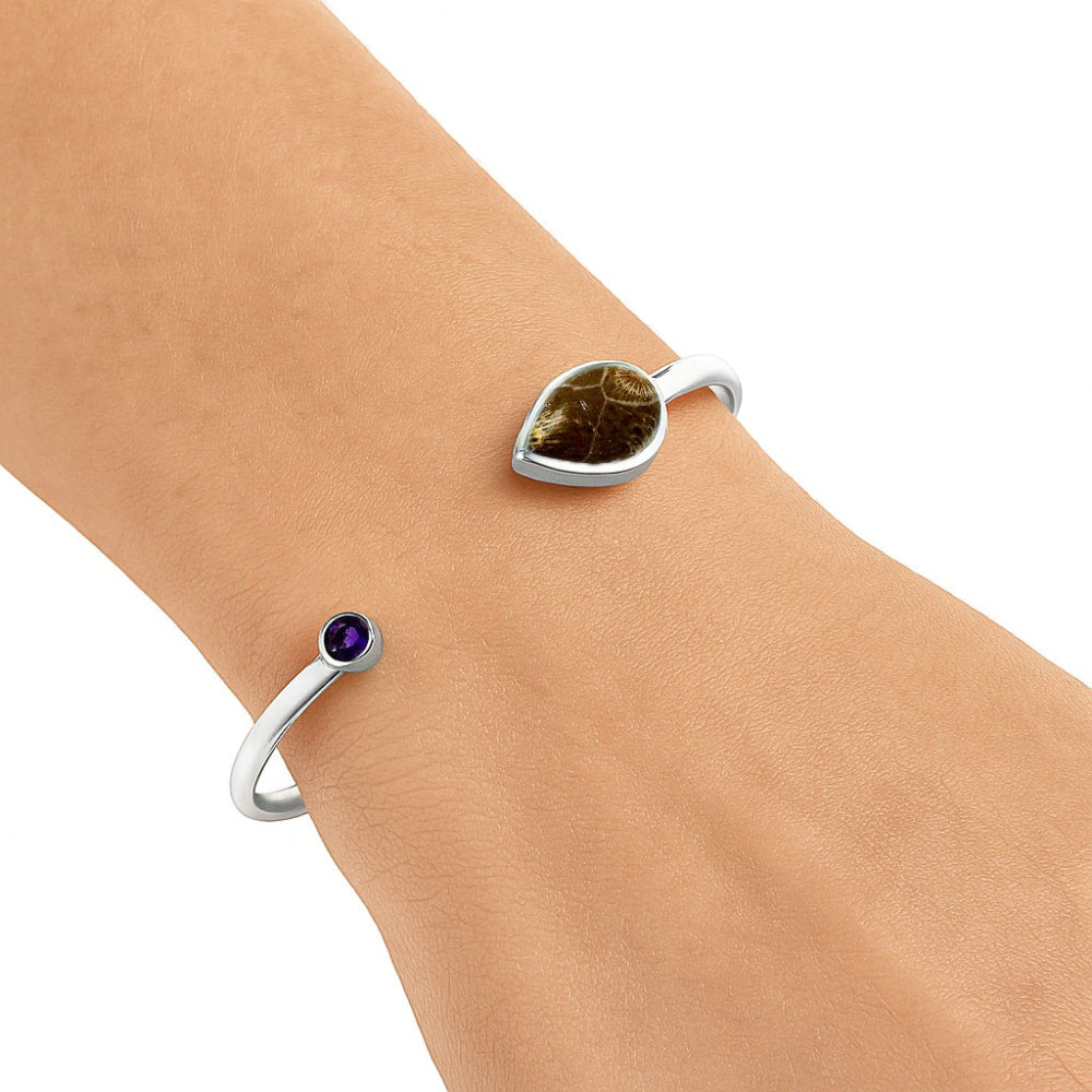Premium Flower Fossil Coral & Amethyst Cuff Bangle Bracelet B-1004 52-EB10545