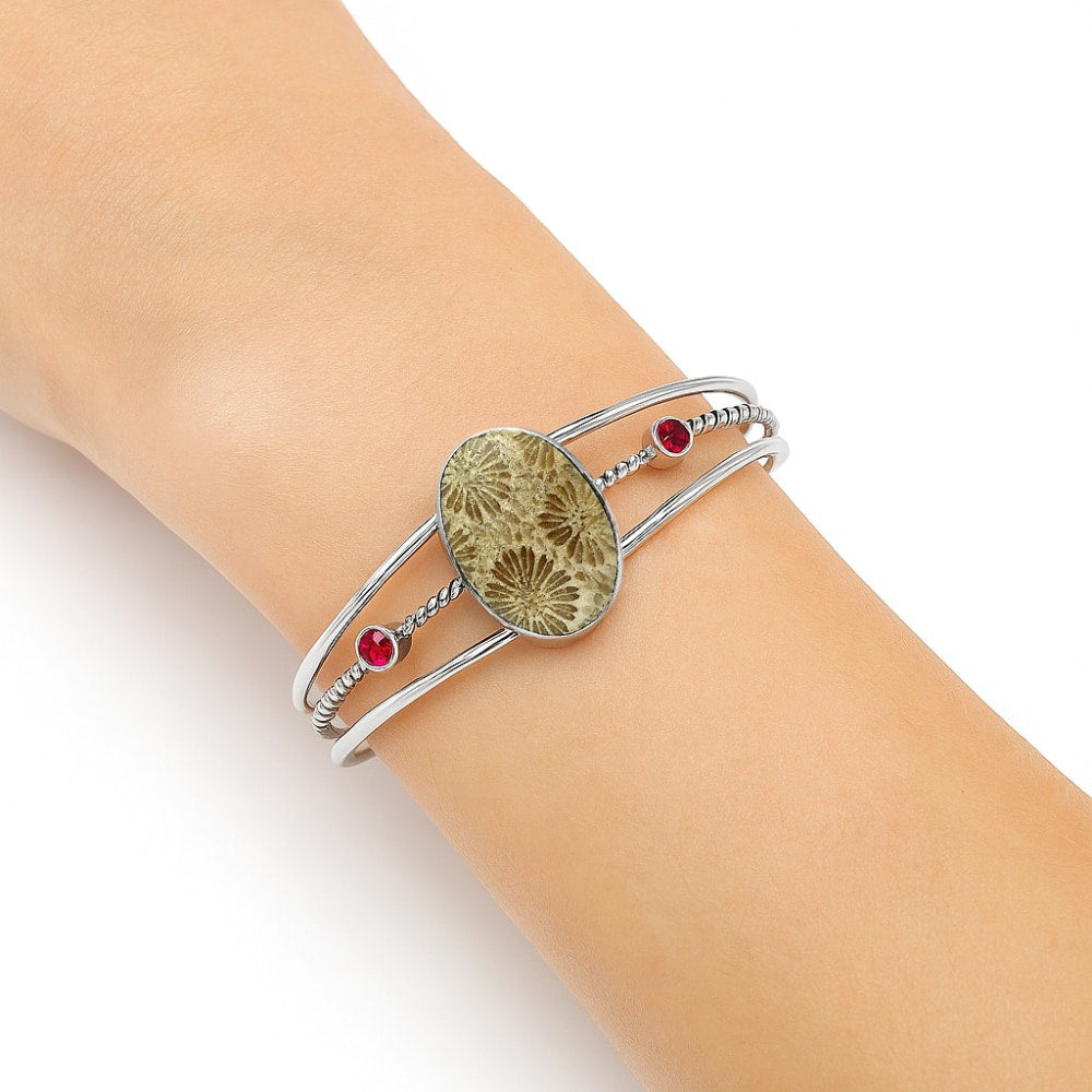 Premium Flower Fossil Coral & Garnet Cuff Bangle Bracelet B-1011 52-EB10554