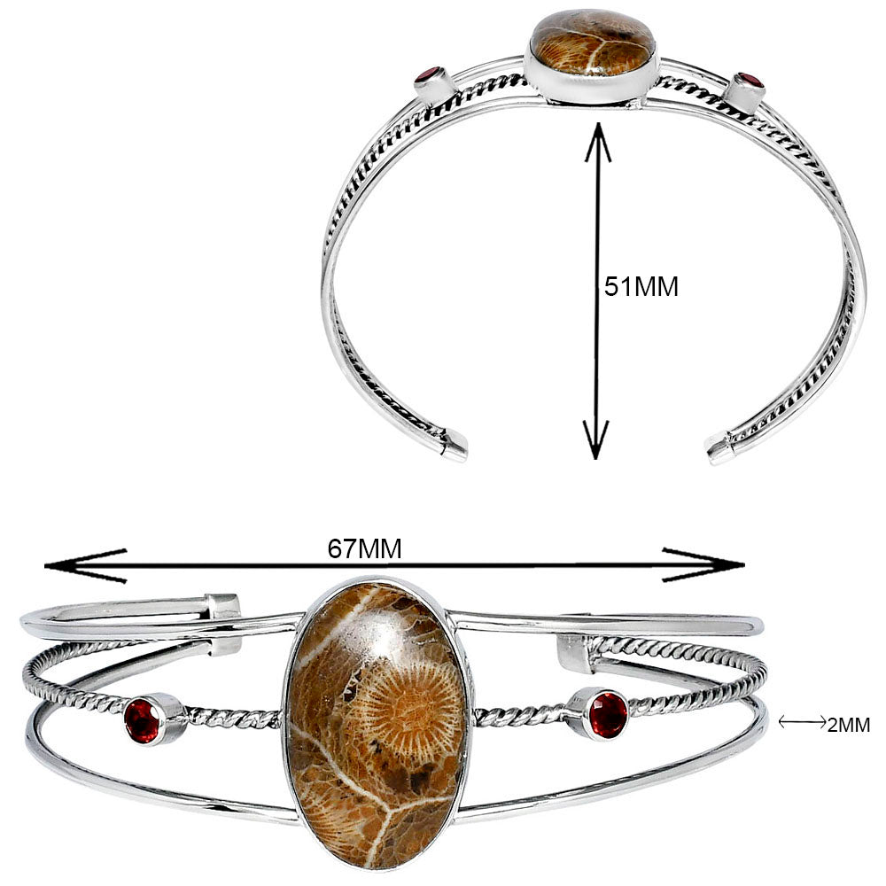 Premium Flower Fossil Coral & Garnet Cuff Bangle Bracelet B-1011 52-EB10555