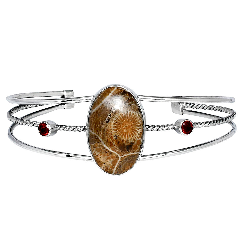 Premium Flower Fossil Coral & Garnet Cuff Bangle Bracelet B-1011 52-EB10555
