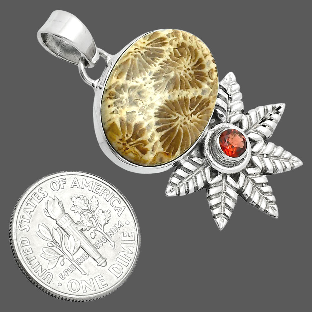 Premium Quality Flower Fossil Coral & Garnet Pendant P-1425 52-EP10495