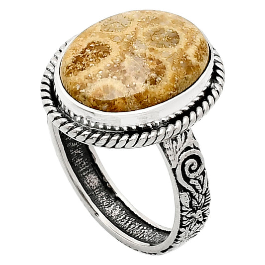 Premium Quality Flower Fossil Coral Ring size-9 R-1067 52-ER14166
