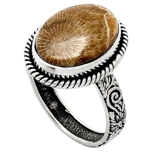 Premium Quality Flower Fossil Coral Ring size-9 R-1067 52-ER14174